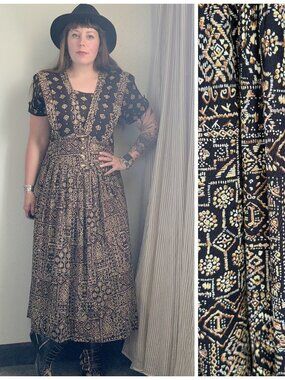 Vintage Boho Dress 80s Nina Piccalino Brown Black Dark Printed Bohemian | M/L